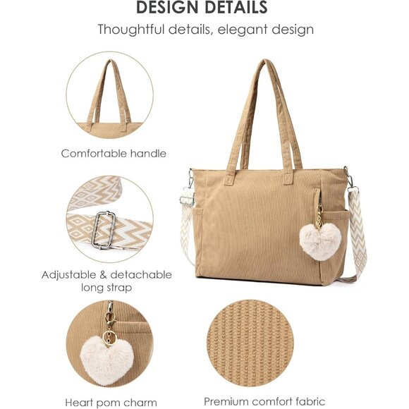 Women Khaki Corduroy With Polyester Fiber Lining Shoulder Handbag with Pouch - Picture 5 of 8